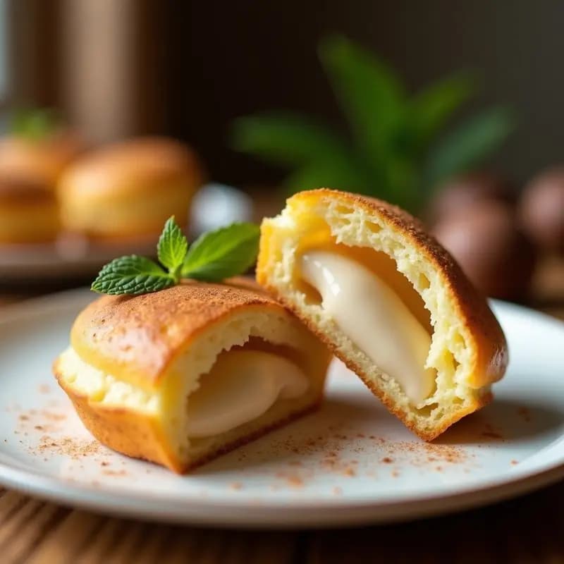 Piononos dorados y esponjosos cortados por la mitad, rellenos de una crema suave de queso de castaña color beige claro. Presentados en un plato blanco con detalles de canela espolvoreada y hojas de menta. Postre colombiano sin gluten.