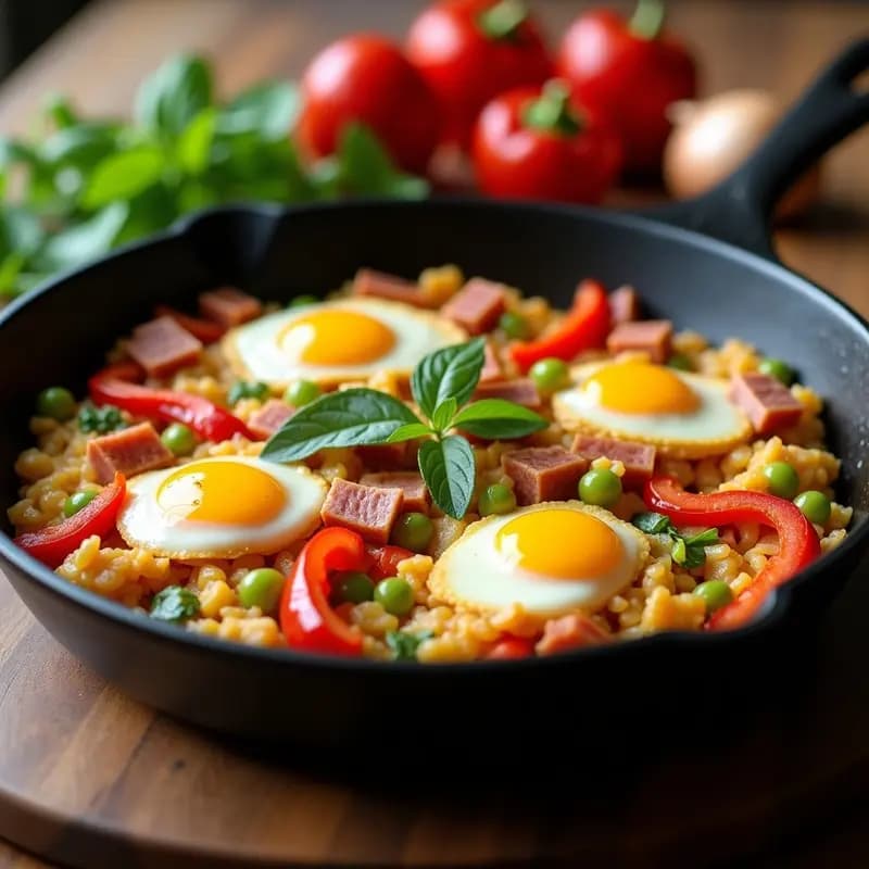 Sartén antiadherente con pipérade vasca con huevo y jamón, revuelto de pimientos verdes y rojos, cebolla y trozos de jamón serrano, servido humeante.