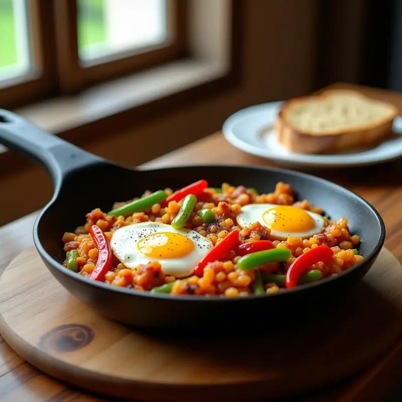 Sartén antiadherente con pipérade vasca de pimientos verdes, rojos y pimiento choricero, revueltos con huevo cremoso. Plato tradicional español servido con pan tostado al lado.