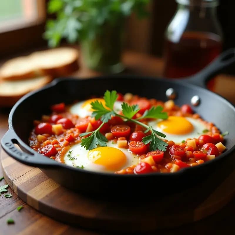 Sartén antiadherente con Pipérade Vasca con Huevo y Pimientos del Piquillo, huevos revueltos cremosos mezclados con tiras de pimientos rojos asados, cebolla y tomate, decorado con perejil fresco.
