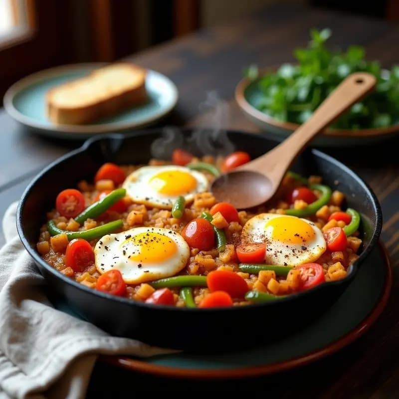 Sartén de hierro con Pipérade Vasca humeante: revuelto de huevos de corral con tiras de pimientos verdes y rojos, cebolla y tomate, servido con pan tostado al lado.