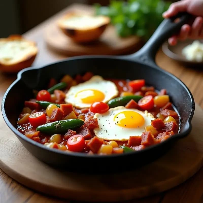 Sartén de hierro con piperrada de bacon y pimientos del Padrón, acompañamiento vasco con trozos de bacon dorado, pimientos rojos y verdes en tiras, y pimientos del Padrón enteros, servida sobre una mesa de madera rústica.