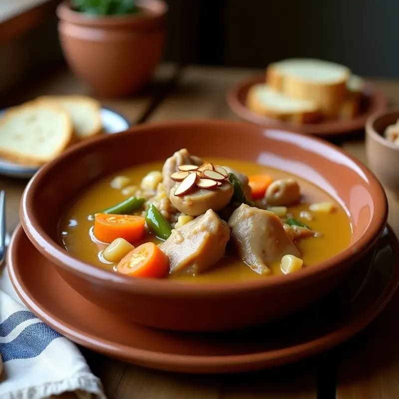 Plato hondo de barro con pipián de almendras con conejo, guiso espeso manchego con trozos tiernos de conejo cubiertos de salsa cremosa de almendras, acompañado de pan rústico y decorado con almendras tostadas picadas.