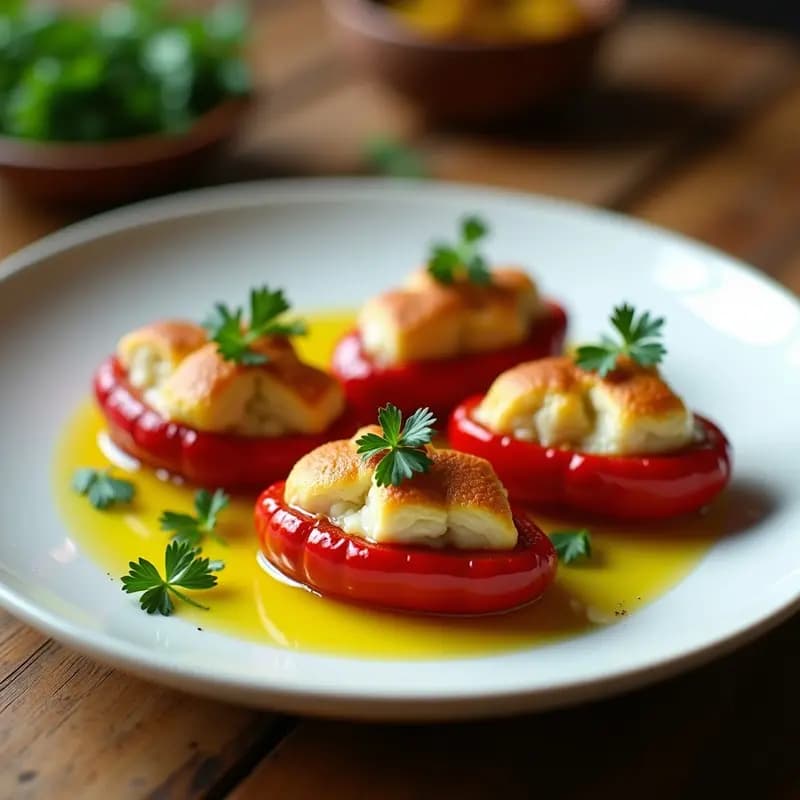 Pimientos del piquillo asados rellenos de bacalao desmigado, dorados y esponjosos, servidos en plato blanco rústico con aceite de oliva virgen extra y perejil fresco. Receta de piquillos rellenos de bacalao desmigado, tapa navarra tradicional.