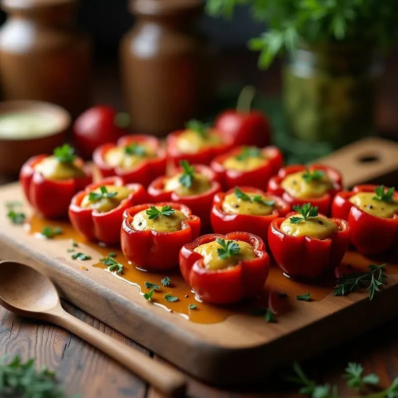 Pimientos del piquillo asados rellenos de brandada de bacalao cremosa, horneados con pan rallado dorado, servidos en fuente de barro sobre mesa rústica con decoración navideña.