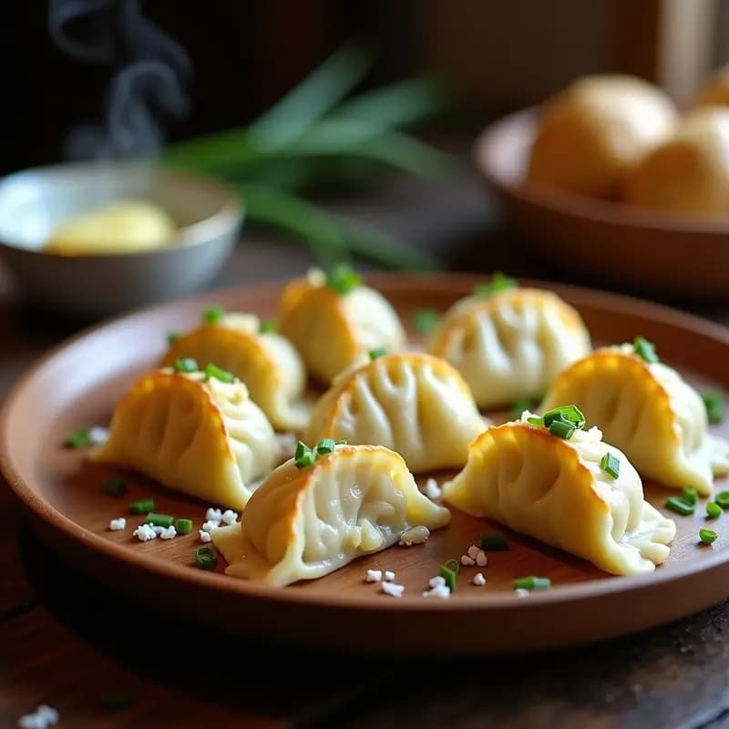 Pirogi ucraniano de patata y queso brynza al vapor, servidos en un plato de madera con cebollino fresco picado y un chorrito de mantequilla clarificada, mostrando su interior cremoso y su masa dorada.