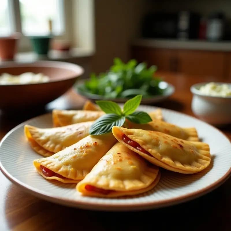 Plato blanco con Pirogues Ucranianos dorados y crujientes, rellenos de patata, queso y cebolla, acompañados de cebolla caramelizada y crema agria, sobre un mantel de lino rústico.