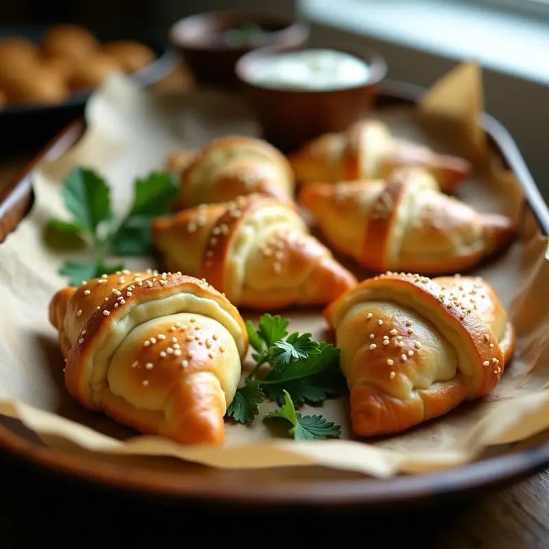 Piroshki rusos dorados y crujientes rellenos de col rizada y queso feta, dispuestos en una bandeja de madera con semillas de amapola, receta hornada con toque ácido.