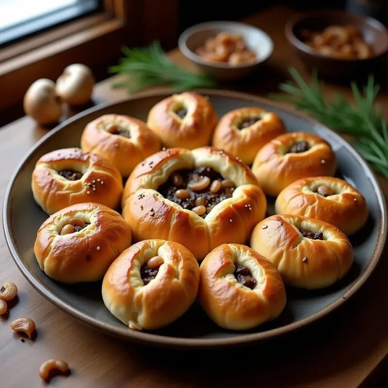 Bandeja de piroshki rusos dorados al horno, con masa de patata y relleno de setas shiitake y cebolla caramelizada, espolvoreados con semillas de amapola, sobre papel de horno.