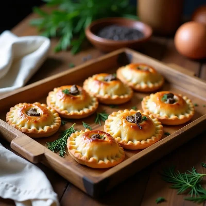 Piroshky ucraniano vegano recién horneado: empanadas doradas y brillantes en forma de media luna, con bordes bien sellados, sobre una bandeja de madera rústica. Relleno jugoso de repollo morado y champiñones asomando al cortar una. Acompañado de hojas de eneldo fresco y una salsa cremosa en un cuenco pequeño al fondo.