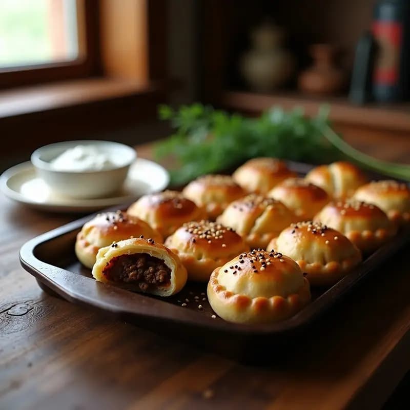 Bandeja de pirozhki rusos de carne y repollo horneados, dorados y esponjosos, con semillas de sésamo en la superficie, servidos sobre papel de horno rústico.
