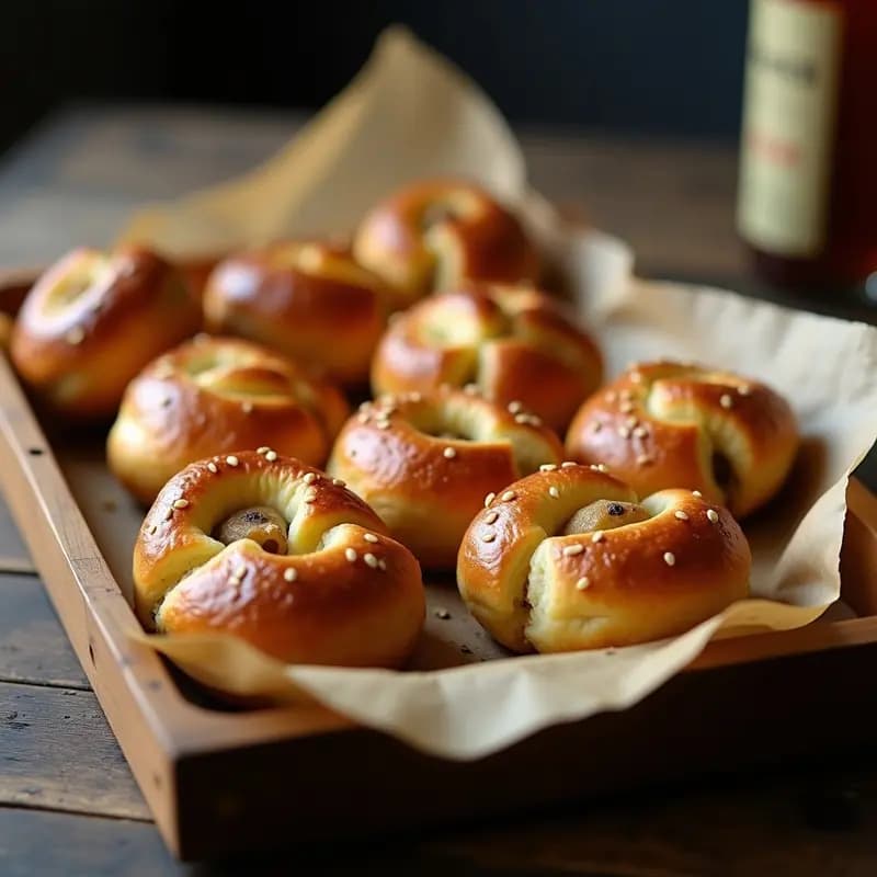 Bandeja de pirozhki rusos veganos dorados al horno, con forma de media luna y bordes bien sellados, rellenos de puré de patata y champiñones. Servidos sobre papel de horno con perejil fresco picado y un dip de yogur de soja al lado.
