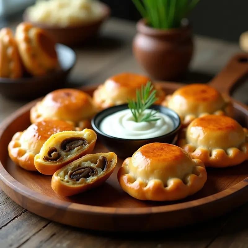 Pirozhki rusos dorados y crujientes rellenos de repollo y hongos con crema ácida, servidos en una fuente de madera con hierbas frescas, receta de aperitivo en airfryer.
