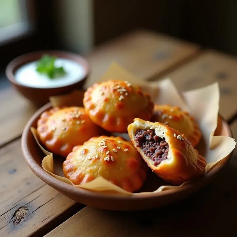 Pirozhki rusos dorados y crujientes en una canasta de airfryer, rellenos de carne y repollo morado, con semillas de lino visibles en la masa. Receta alta en fibra y saludable.