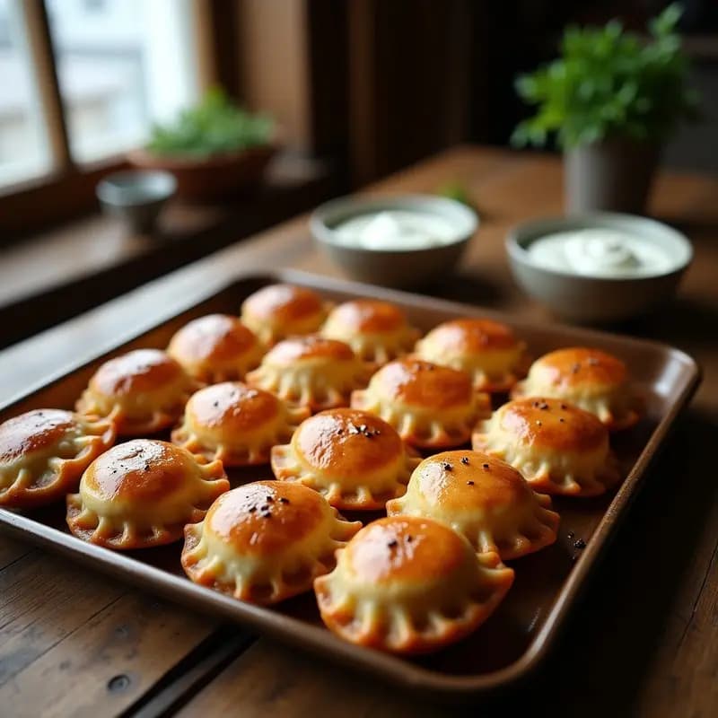 Bandeja de horno con pirozhki rusos dorados y crujientes, rellenos de hongos portobello y repollo morado, espolvoreados con semillas de amapola, receta tradicional de invierno.