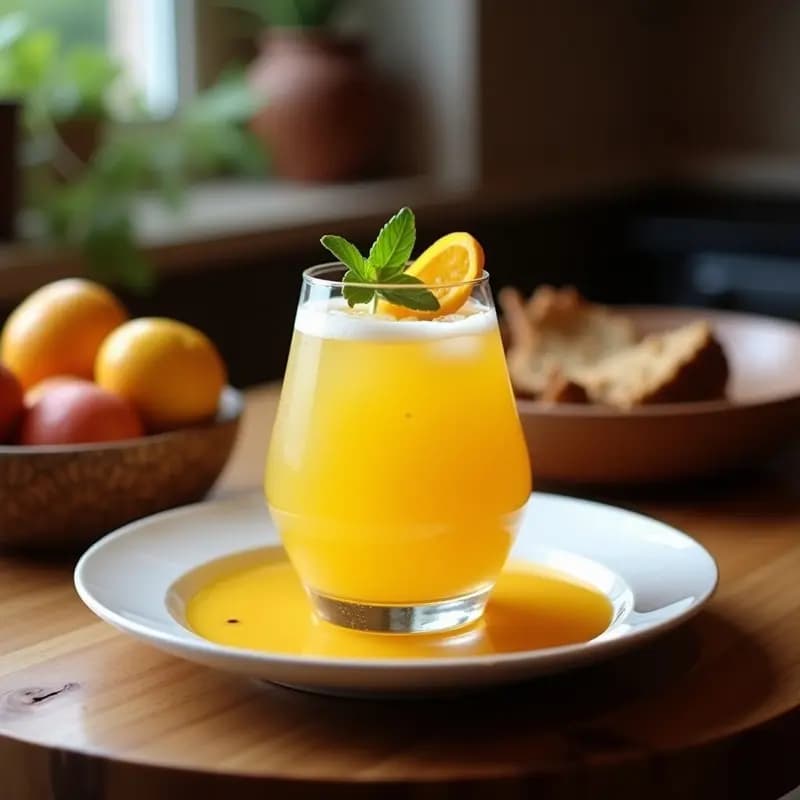Copa de cóctel transparente con Pisco Sour de Maracuyá, capas visibles de líquido dorado y espuma blanca de clara de huevo, decorado con semillas de maracuyá y gotas de angostura bitter en la superficie.