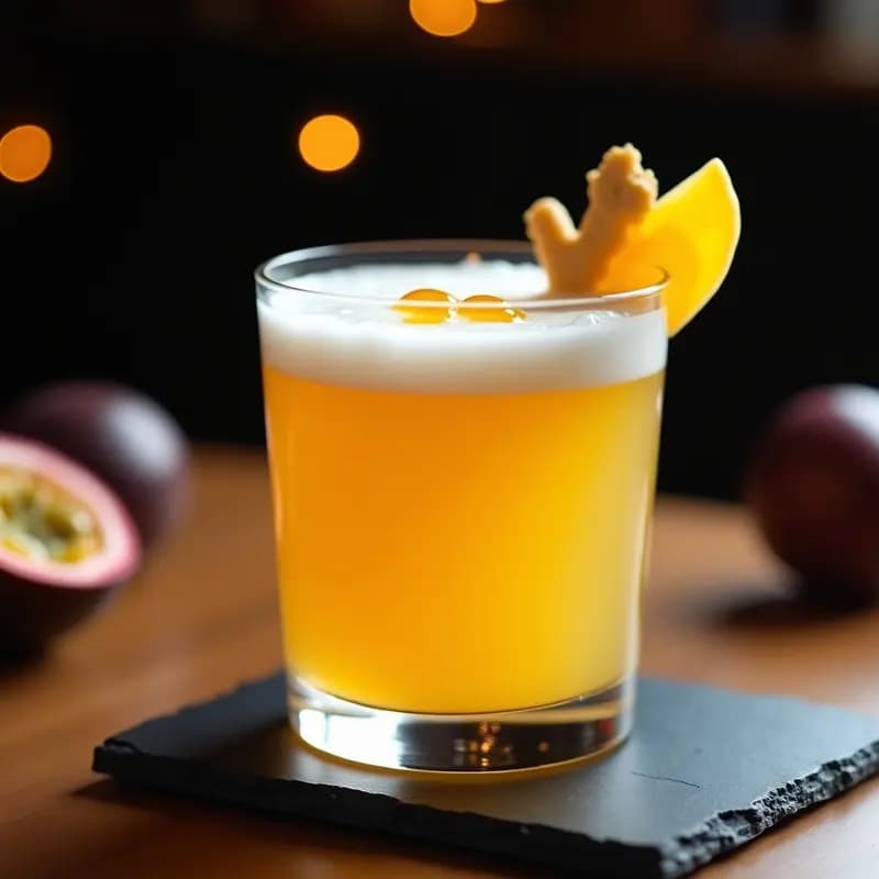 Cóctel Pisco Sour de Maracuyá y Jengibre con claras de huevo, servido en copa de cristal transparente con espuma cremosa en la superficie, decorado con gotas de angostura bitters y hielos brillantes. Fondo borroso con ingredientes como maracuyá abierta, jengibre fresco y limón verde.