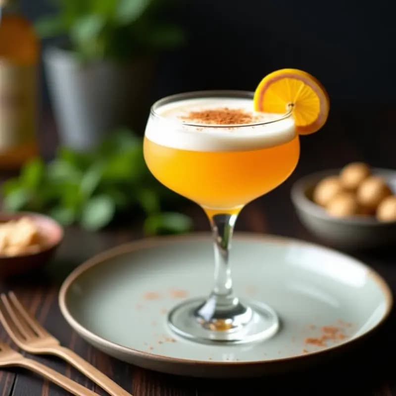Copa de cóctel transparente con Pisco Sour de maracuyá y jengibre sin alcohol, espuma blanca de aquafaba, decorado con rodaja de limón verde, hojas de menta y gotas de angostura bitter sobre fondo oscuro.