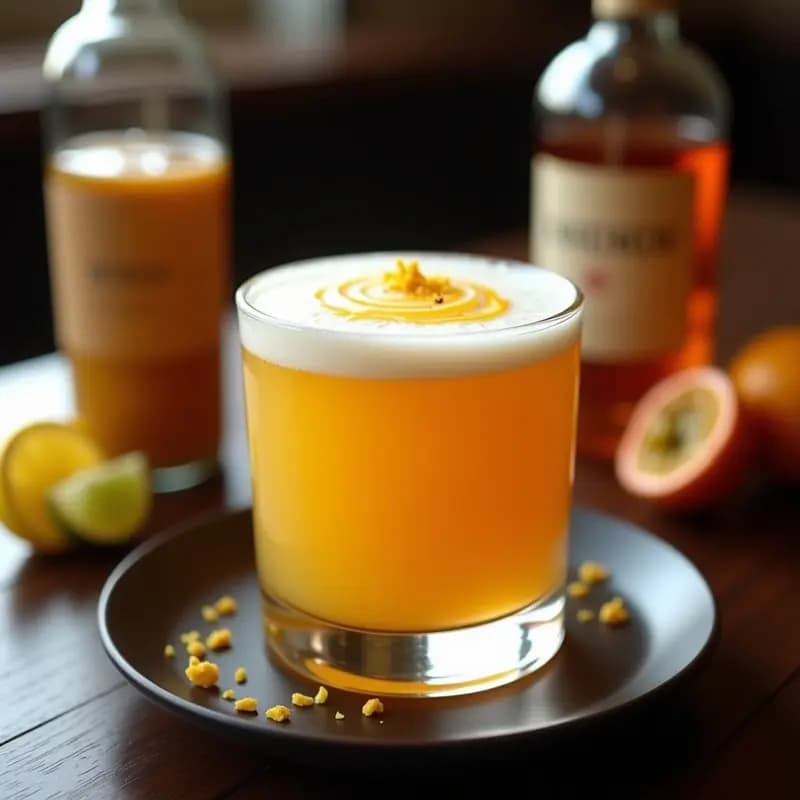 Copa old fashioned transparente con Pisco Sour de Maracuyá, espuma cremosa en la superficie, decorado con gotas de angostura bitters en diseño circular y ralladura de limón. Fondo borroso con botella de pisco y maracuyás frescas.