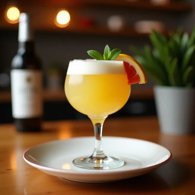 Copa de cóctel transparente con Pisco Sour Peruano: bebida amarilla cremosa con espuma blanca en la superficie, decorada con gotas de angostura bitter en espiral y una rodaja de limón verde al borde. Fondo borroso con botella de pisco y limones verdes.