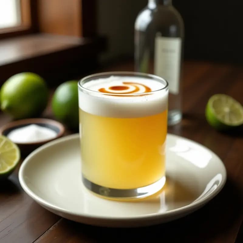 Copa de cóctel transparente con Pisco Sour Peruano tradicional, espuma cremosa en la superficie, decorado con gotas de angostura bitter y una rodaja de lima al lado, fondo desenfocado con botella de pisco y limas frescas.