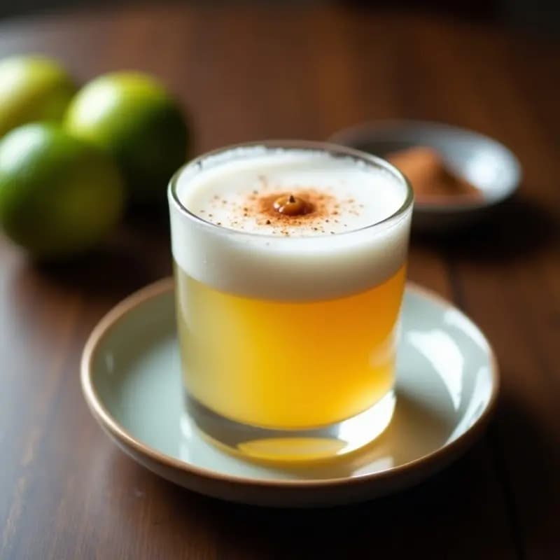 Copa sour transparente con Pisco Sour vegano, espuma blanca de aquafaba en la superficie, decorado con canela en polvo y una gota de angostura bitters, sobre fondo de madera oscura con limones sutil al lado.