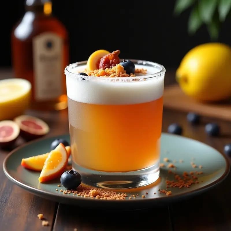 Copa old fashioned con piscolabis chileno gourmet, espuma cremosa en superficie, decorado con frutas deshidratadas trituradas y pimienta rosa, fondo borroso con limones y botella de pisco.