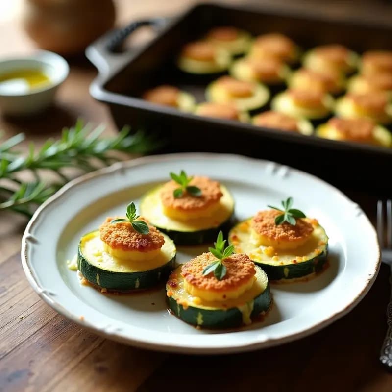 Pistillos de calabacín y queso de cabra al horno, tapa andaluza crujiente con relleno cremoso, decorados con perejil fresco sobre bandeja rústica.