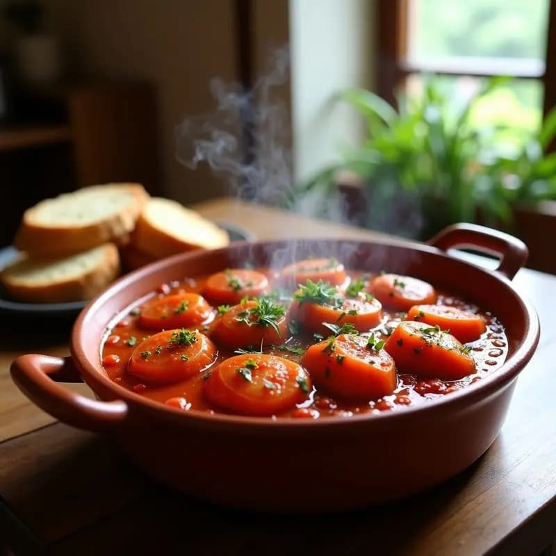 Cazuela de barro humeante con pistillos de tomate y ventresca, mezcla espesa de color rojo intenso con trozos de ventresca desmenuzada, acompañada de rebanadas de pan de barra tostado. Plato típico andaluz de textura melosa y aspecto rústico.