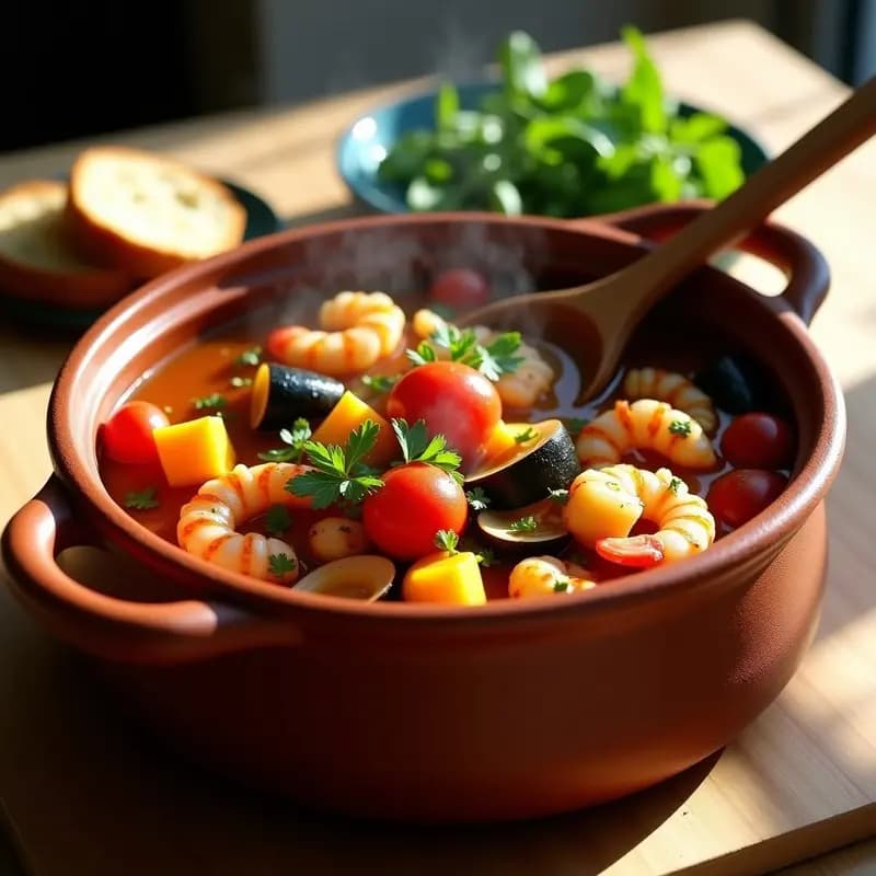 Olla de barro con pisto mediterráneo de calabacín, berenjena y pimientos, mezclado con almejas abiertas y gambas rosadas, decorado con perejil fresco y servido en un plato hondo rústico.