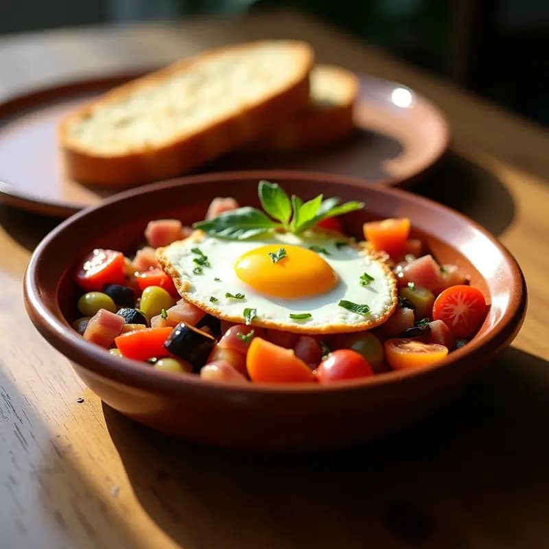 Plato hondo de barro con pisto caliente de tomate, pimiento y berenjena, coronado con un huevo frito de yema líquida y taquitos de jamón serrano. Decorado con perejil fresco y acompañado de una rebanada de pan rústico.
