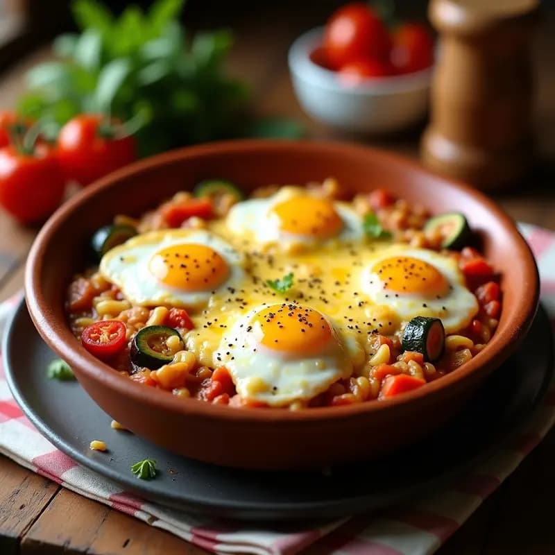 Plato hondo de barro con pisto de verduras sofritas, huevos cascados gratinados con queso rallado dorado y textura cremosa, típico de la cocina rural española.