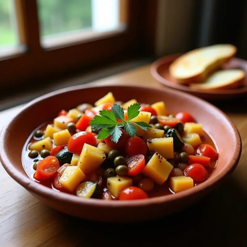 Plato hondo de barro con pisto manchego caliente, lleno de verduras troceadas (pimiento rojo, verde, calabacín, berenjena y tomate), alcachofas en cuartos y alcaparras. El plato está decorado con un hilo de aceite de oliva virgen extra y un poco de perejil fresco picado. Fondo rústico de madera con pan tostado al lado.