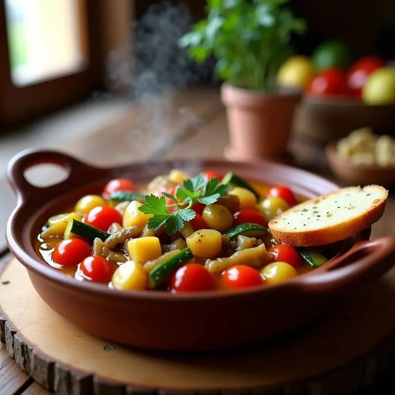 Cazuela de barro humeante con pisto manchego con alcachofas, verduras en trozos melosos, colores vibrantes de pimiento rojo, verde, calabacín y alcachofas, servido con pan rústico al lado.