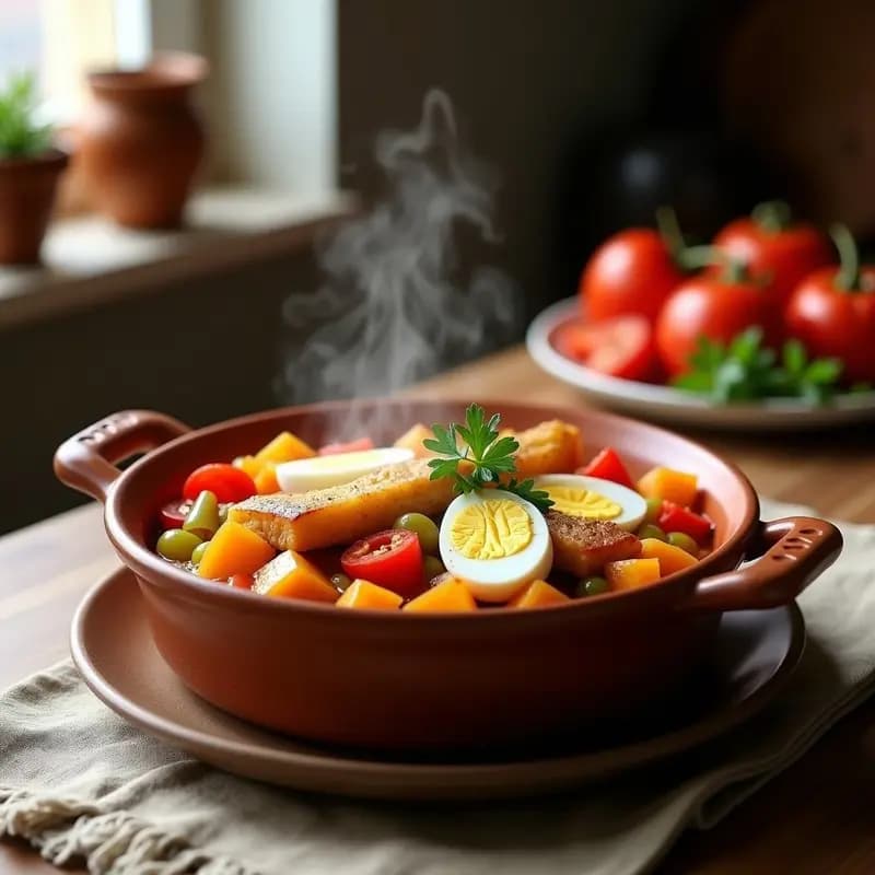 Cazuela de barro humeante con pisto manchego de boniato y merluza, servido en un plato hondo rústico. Verduras en cubos dorados, trozos de merluza blanca y un huevo frito encima. Acompañado de pan tostado y decorado con perejil fresco.