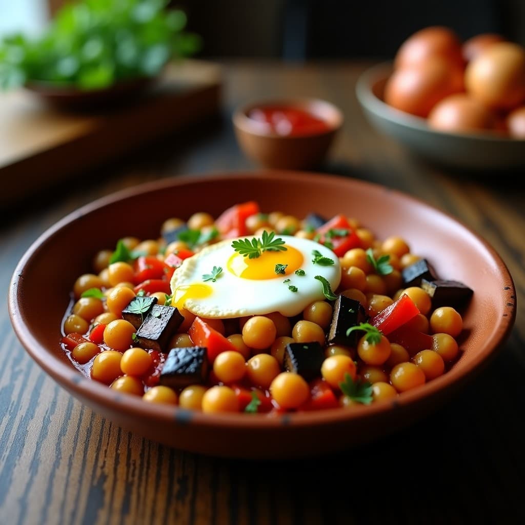 Plato hondo de barro con pisto manchego espeso de berenjena, calabacín y pimiento rojo, mezclado con garbanzos dorados y coronado con un huevo escalfado de yema líquida. Decorado con perejil fresco y un hilo de aceite de oliva virgen extra. Receta alta en fibra en olla express.