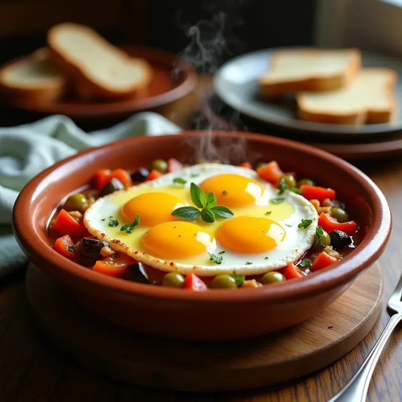 Sartén de hierro con pisto manchego humeante, verduras estofadas en cubos y cuatro huevos cascados con yemas líquidas, decorado con perejil fresco.