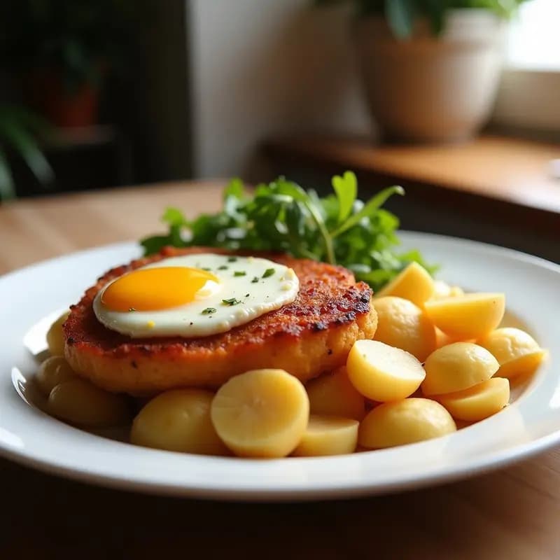 Plato hondo de barro con pisto manchego cremoso, patatas en cubos, huevo frito con yema líquida y perejil fresco picado, sobre fondo rústico de madera.