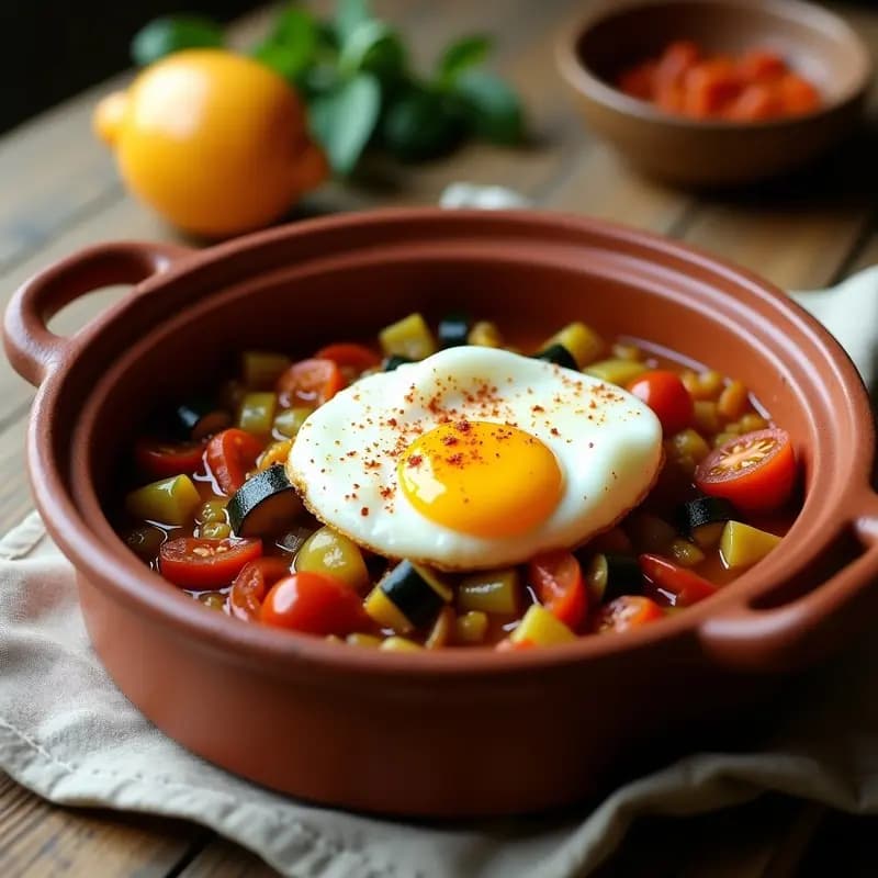 Plato hondo de cerámica blanca con pisto manchego humeante, verduras estofadas en trozos (calabacín, berenjena, pimiento y tomate) cubiertas por un huevo poché con yema líquida brillante, decorado con pimienta negra y un hilo de aceite de oliva virgen extra. Receta tradicional española sin gluten y sin pan.
