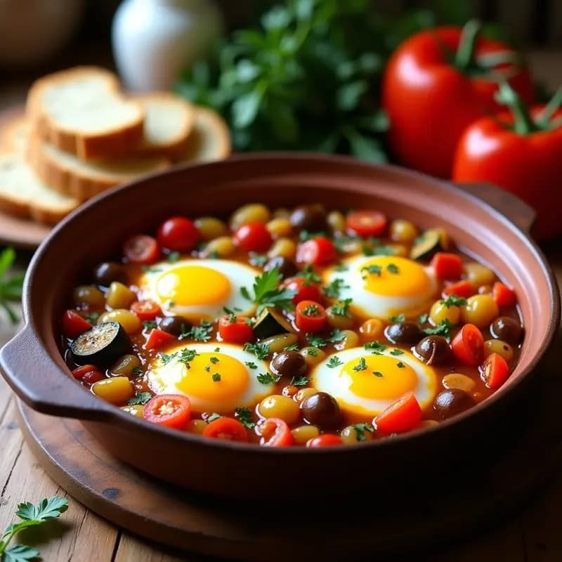 Cazuela de barro humeante con pisto manchego espeso de tomate, pimiento, calabacín y berenjena, coronado con cuatro huevos cascados de yema líquida. Acompañado de rebanadas de pan rústico y decorado con perejil fresco.