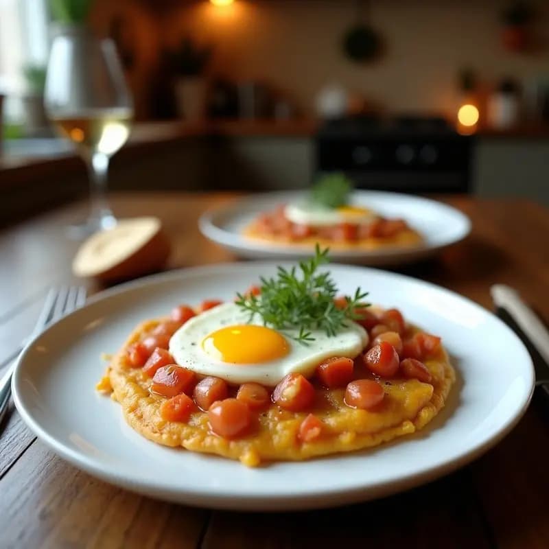 Fuente de barro rústica con pisto manchego espeso, trozos de queso de cabra semicurado fundido y huevos de codorniz al horno con yemas líquidas. Decorado con hojas de tomillo fresco y un hilo de aceite de oliva virgen extra.
