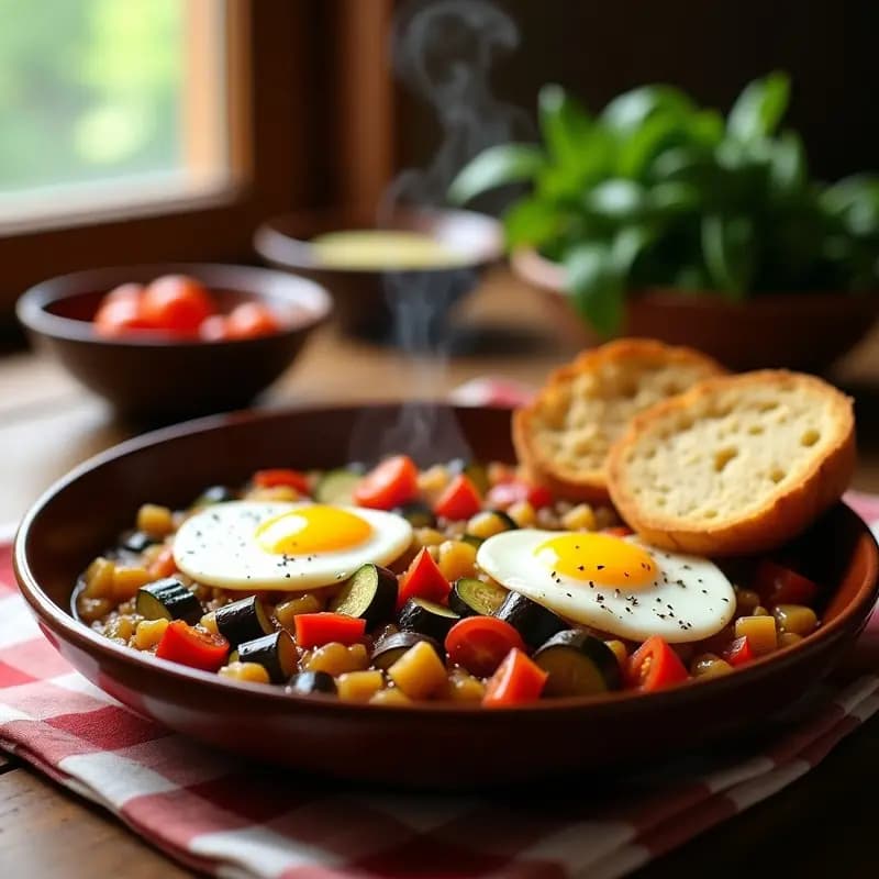 Plato hondo de barro con pisto manchego espeso, huevos escalfados con yema líquida encima y rebanadas de pan de pueblo tostado a un lado, receta de verano sin horno.