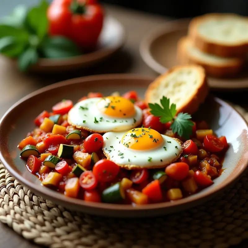 Plato hondo de barro con pisto manchego espeso de calabacín, berenjena y pimientos, coronado con huevos escalfados de yema líquida y perejil fresco. Receta vegana opcional de temporada.