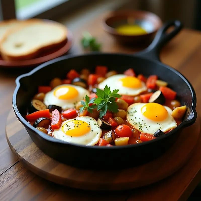 Sartén honda de hierro con pisto manchego tradicional, verduras sofritas en trozos gruesos y cuatro huevos escalfados con yemas líquidas, decorado con perejil fresco y un chorrito de aceite de oliva virgen extra.