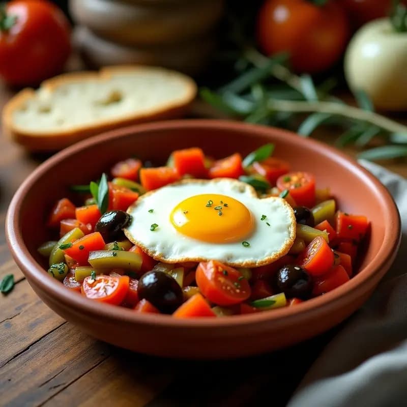 Plato hondo de barro con pisto manchego humeante, verduras en dados (tomate, pimiento, berenjena) bañadas en su jugo, coronado con un huevo frito de yema líquida. Receta tradicional española versión mejorada del ratatouille.