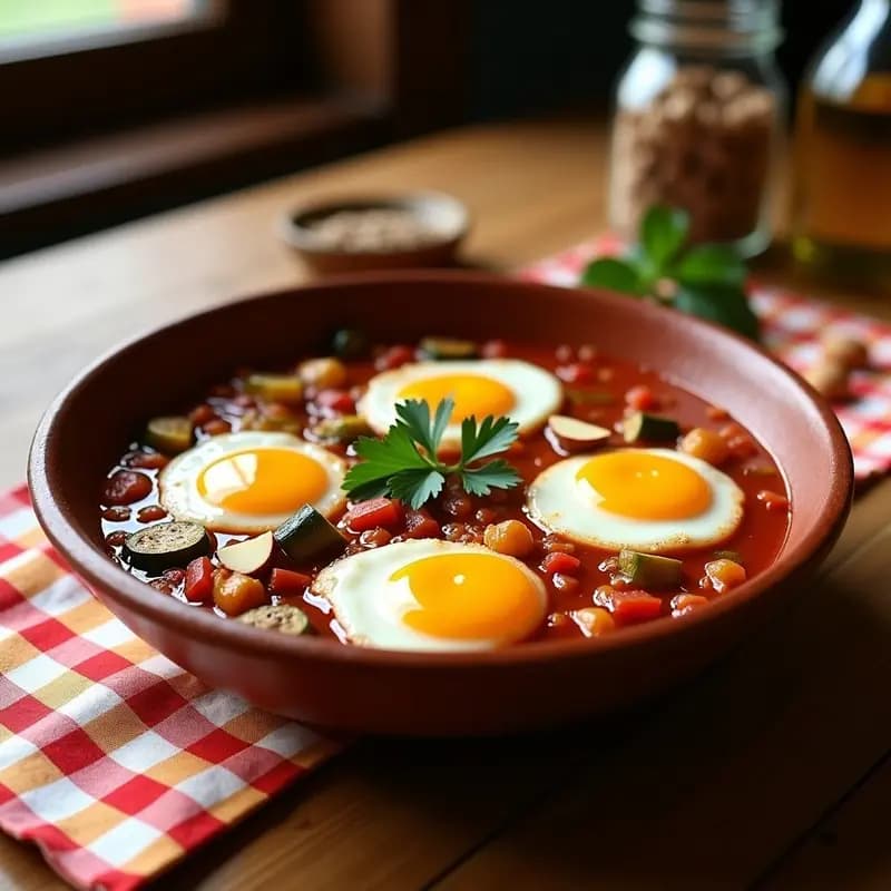 Plato hondo de barro con pisto manchego vegano: verduras estofadas (cebolla, pimiento, calabacín y berenjena) en salsa espesa, coronado con huevos de lino esponjosos y perejil fresco. Receta española en olla express.