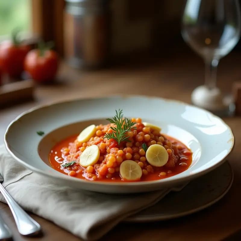 Cazuela de barro humeante con pisto manchego espeso, verduras en cubos, rodajas de morcilla de cebolla y huevos fritos encima. Plato reconfortante y alto en sabor, típico de la cocina española invernal.