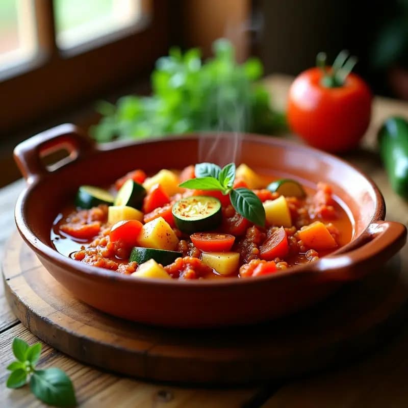 Cazuela de barro humeante con pisto manchego tradicional, mezcla de tomate, pimiento verde y rojo, calabacín y cebolla estofados, con un huevo frito encima y una ramita de tomillo fresco. Plato rústico de la cocina española sobre fondo de madera.