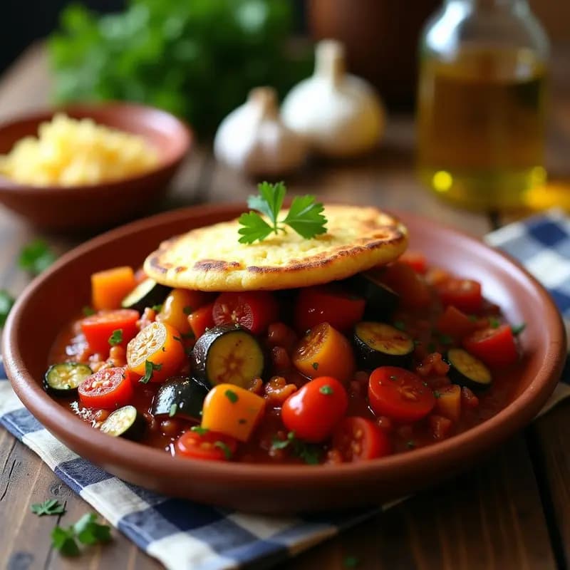 Plato hondo de barro con pisto manchego humeante y trozos de verduras sofritas, coronado por una tortilla de patata vegana dorada y esponjosa. Acompañado de perejil fresco picado. Receta de pisto manchego con tortilla de patata vegano y sin gluten.