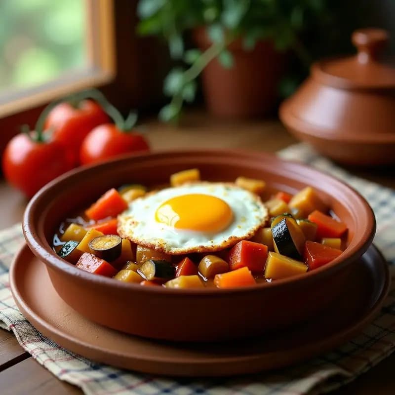 Cazuela de barro humeante con pisto valenciano de berenjena, calabacín y pimiento, coronado con un huevo frito de yema líquida. Plato tradicional español sin gluten, servido en un mantel rústico.